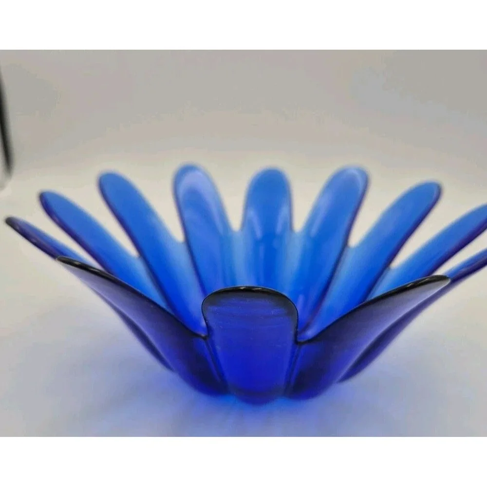 Cobalt Blue Heavy Art Glass Lotus Unique Candle Holder Vintage/ Amber Globe